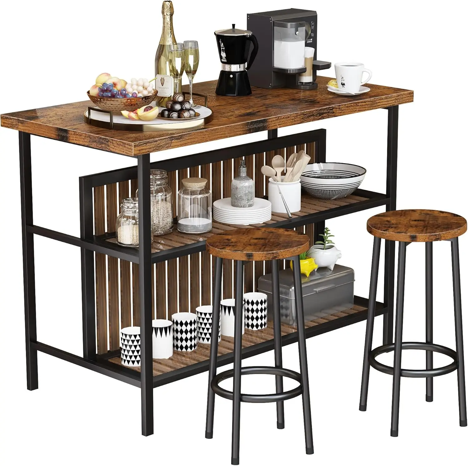 Kitchen Island with Storage, 3 Piece Dining Table Set with 2 Tier Storage Shelves, Bar Table with Barstool, Sturdy Island Table