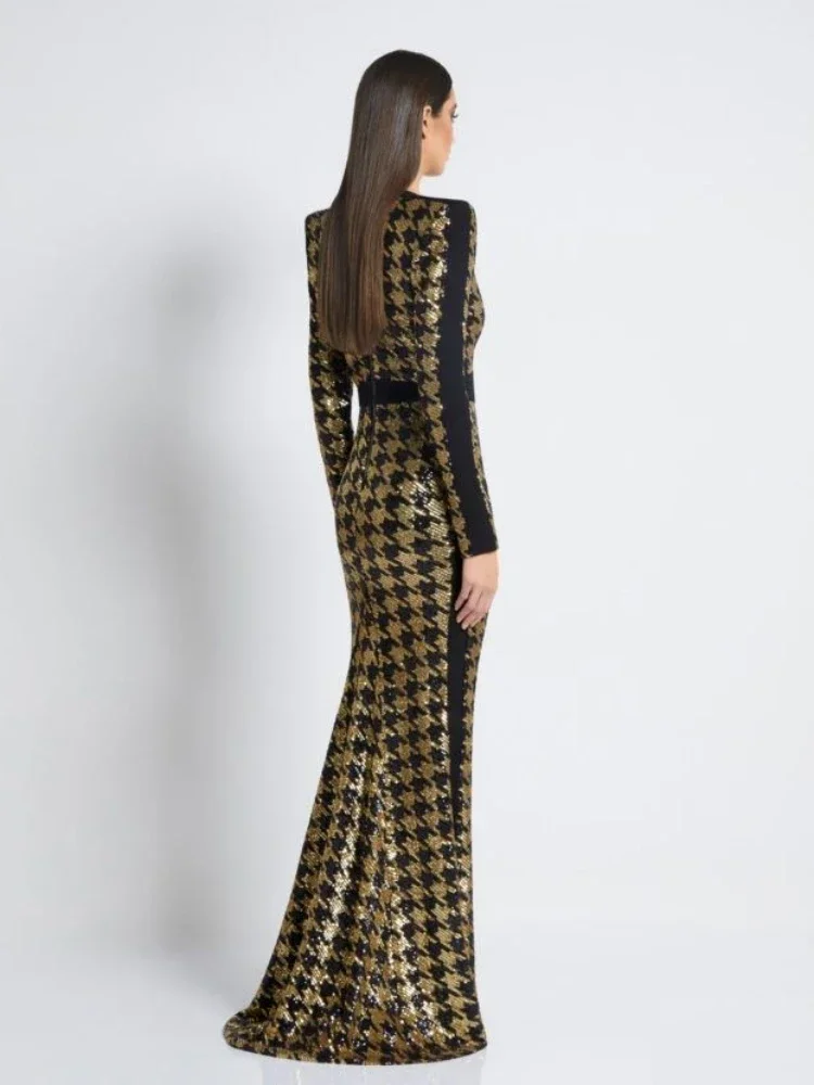 Sexy V Neck Bird Lattice Sequins Maxi Dress Women Black Gold Sequin Long Sleeves Bocycon Long Dress Runway Evening Party Gown