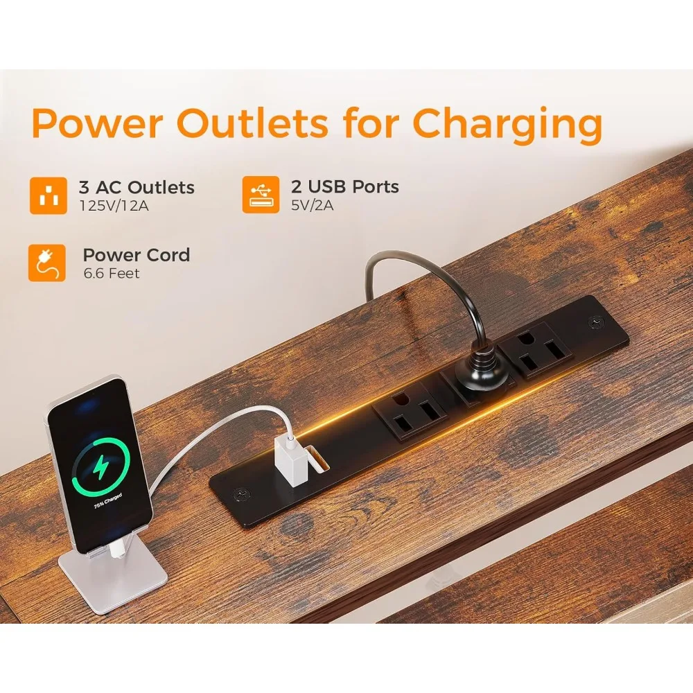 مكتب كمبيوتر مقاس 94 بوصة مع درج قماشي وخزانة ملفات - مكتب منزلي لشخصين مع مخرج طاقة وإضاءة LED #4