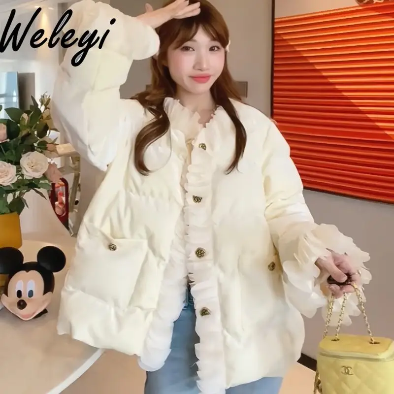 Sweet Cream White Bud Velvet Coat Woman Large Size Korean Style Women's Ruffled Clothing Warm Thick Cotton Jacket Female 2024