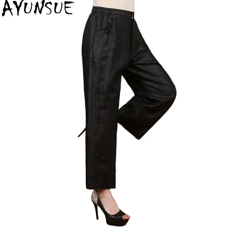 AYUNSUE 100% Mulberry Silk Womens Clothing Summer 2024 Casual Black Pants High Quality Embroidered Trousers Штаны Женский