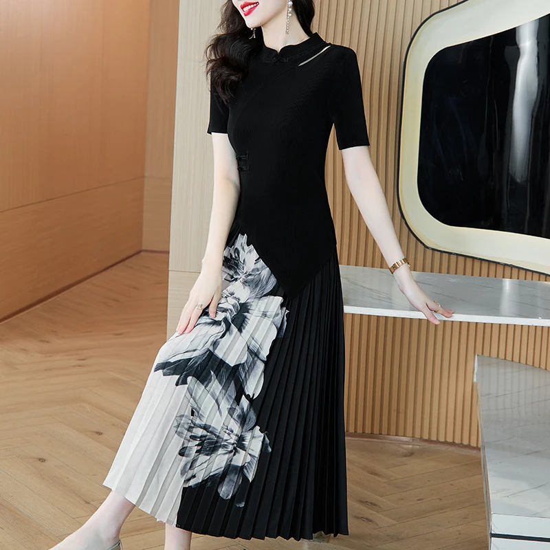 Ele Chinese Sle Stand Kraag T-top en rokset Dames Slim Fit Geplooide print Tweedelige outfit Polyester ort Sl...