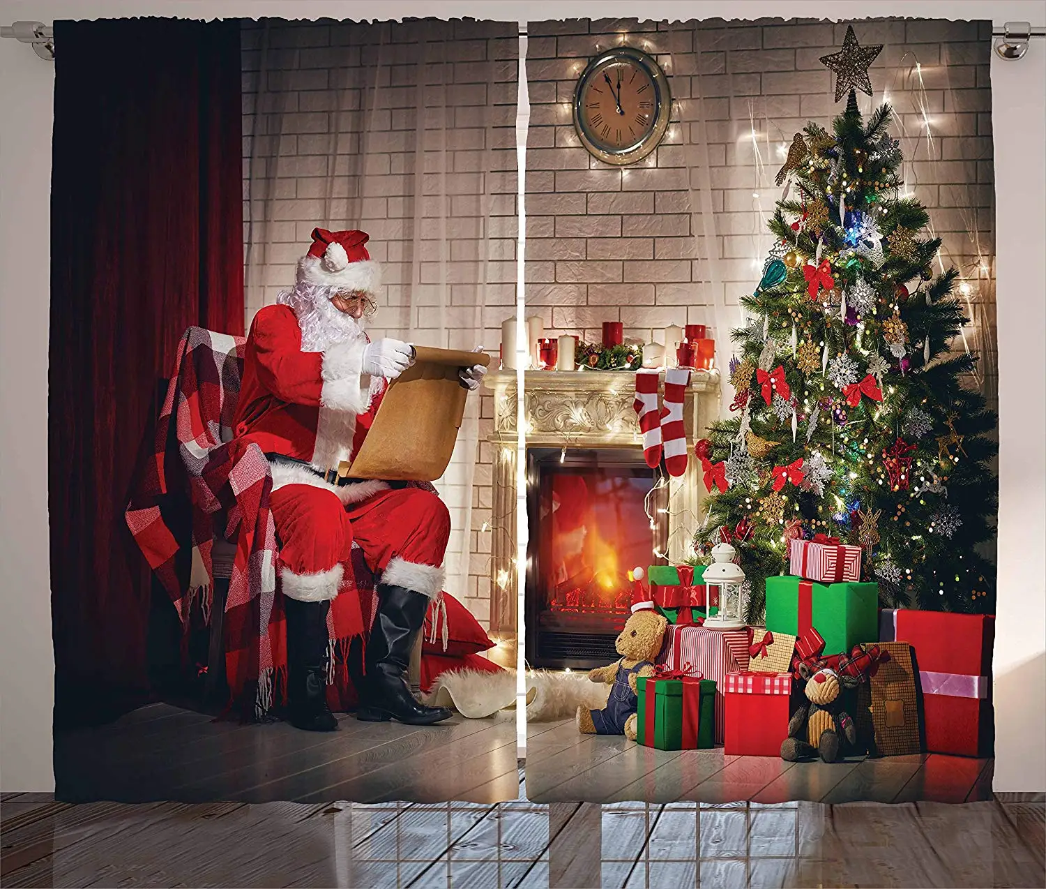 Santa Curtains Old Santa Claus Sitting at Home at Christmas Night Reading a Letter Near The Tree Living Room Window Drapes