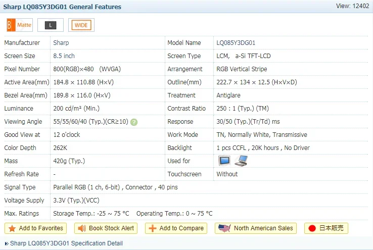 LQ085Y3DG01 da 8.5 pollici 800*480 LCD Screen Display per Attrezzature Industriali