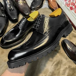 Handmade Genuine Leather Shoe New Brogue Carved Business Dress Footwear Mens Black Casual Increase British Lace-Up Derby Shoes