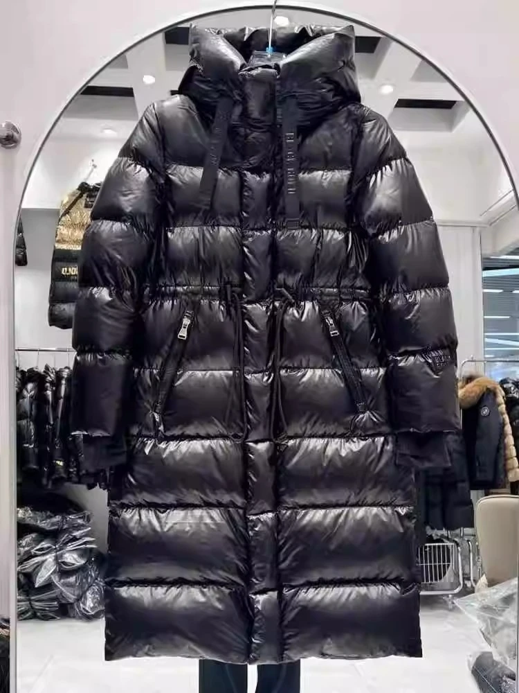 Jaqueta de penas de ganso branco com capuz feminino ultra-grosso puffer parkas 2025 novo inverno extra longo quente preto brilhante casaco fofo outwear