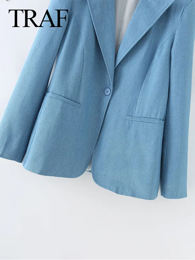 Traf 2024 Lente Dames Blauwe Blazer Stevige Lange Mouwen Zakken Elegante Single Knoop Woon-Werkverkeer Kantoor Dames Dames Streetwear