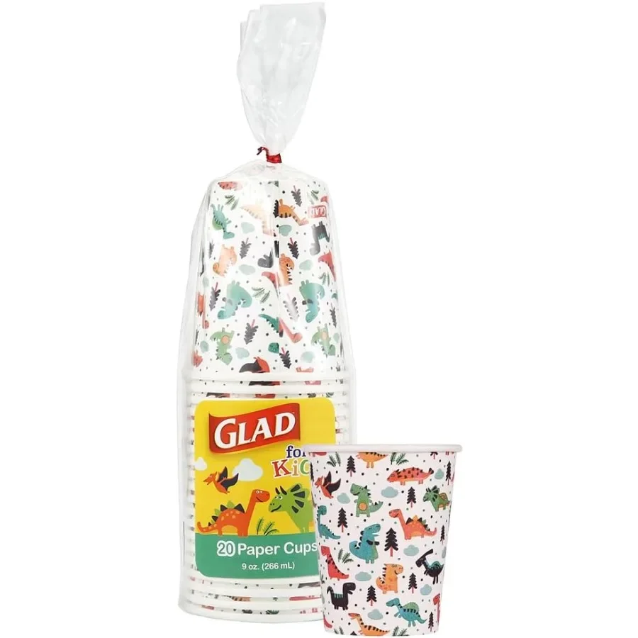 

20ct 9oz White Dinosaur Party Cups, Disposable Kids Birthday Supplies for Boys Girls, Dino Theme Celebration