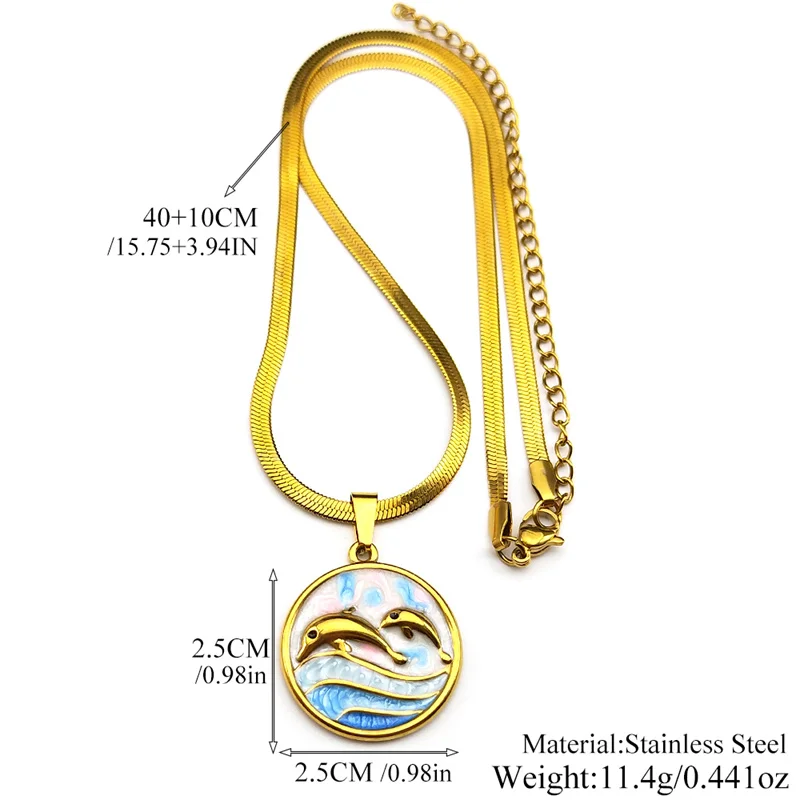 دولفين الأم والطفل المينا قلادة قلادة للنساء الفولاذ المقاوم للصدأ الذهب اللون خمر موجات المختنق سلسلة مجوهرات الأسرة