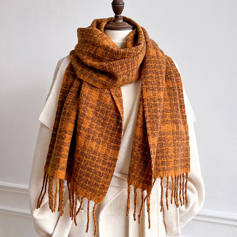 

2025 Winter Thick Warm Scarf Women Imitation Cashmere Shawls Pashmina Neckerchief Bufanda Female Plaid Hairy Tassel Echarpe New