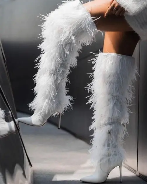 

Lace Fringe Elegant Stiletto High Heel Feather Boots Lady Fluffy Sexy Pointed Toe Knee High Boots Party Women Design Shoes 2024