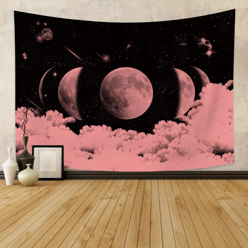 

Psychedelic Moon Phase Tapestry Black Night Sky Pink Cloud Wall Hanging Moon Blanket Home Decor Wall Hanging Tapestry