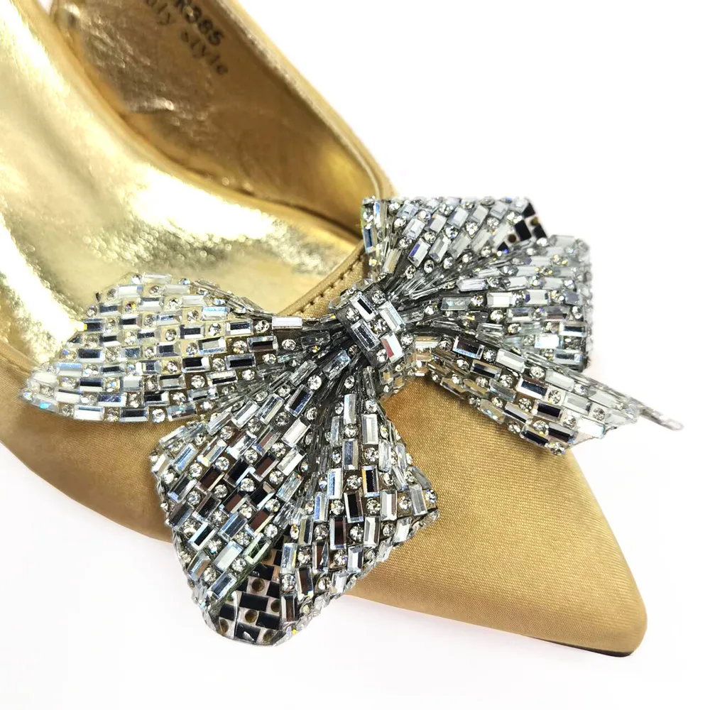 2024 Newest INS Style Golden Color Elegant Low Heels Nigeria Popular Design African Ladies Shoes And Bag Set for Wedding Party