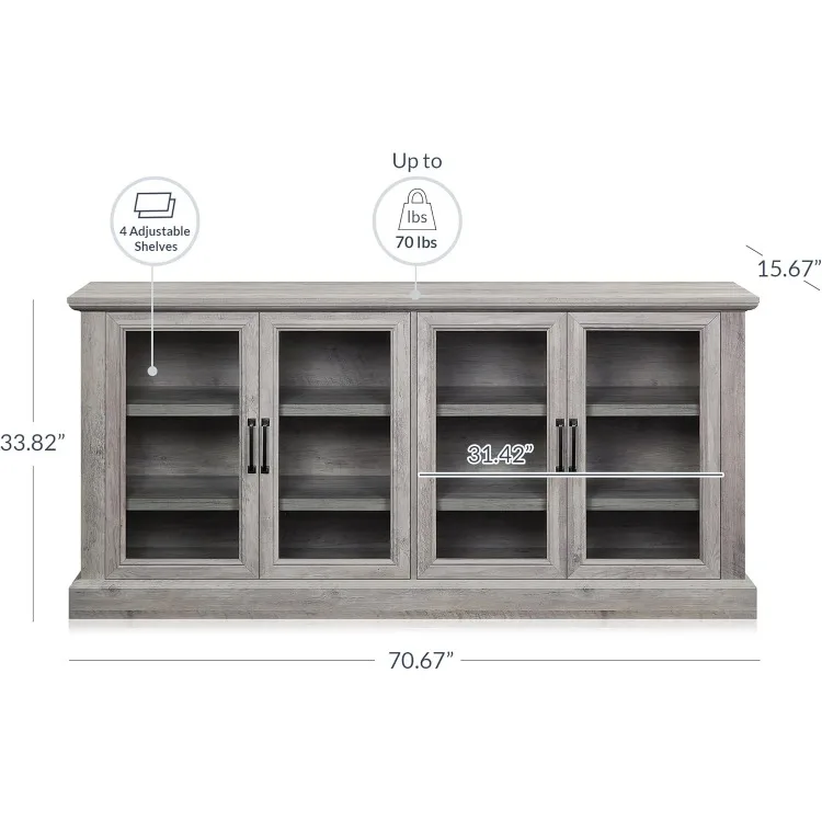 70 Inch Sideboard Buffet Cabinet, Entertainment Center with Storage, Glass Display Cabinet with Adjustable Shelves Console