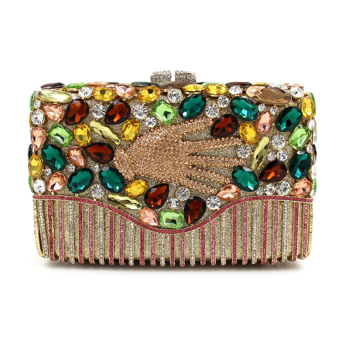 

Hot Selling Design Luxury Rhinestone Gold Shiny Hand Pattern Women's Clutch Bag for Weddings Parties
