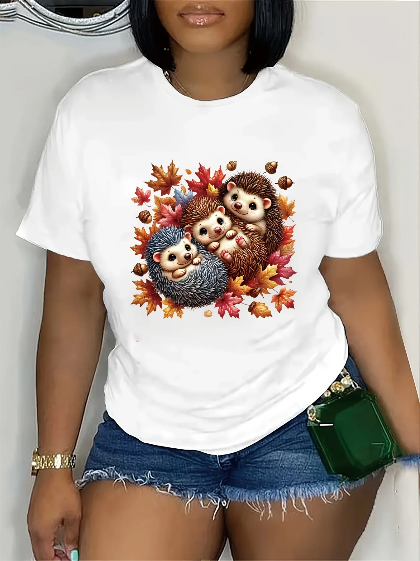 Hedgehog Print Tshirt Casual Round Neck Short Sleeve Regular Fit Slight Stretch Autumn Pattern Fabric Comfortable All Seasons