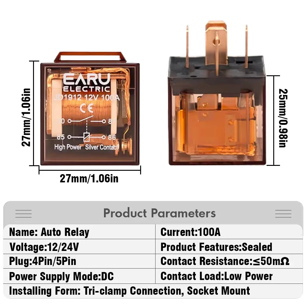 EARU 1Pcs Waterproof Automotive Relay DC 12V 24V 100A 4Pin 5Pin SPDT Car Control Device Car Relay DC 24V High Capacity Switching