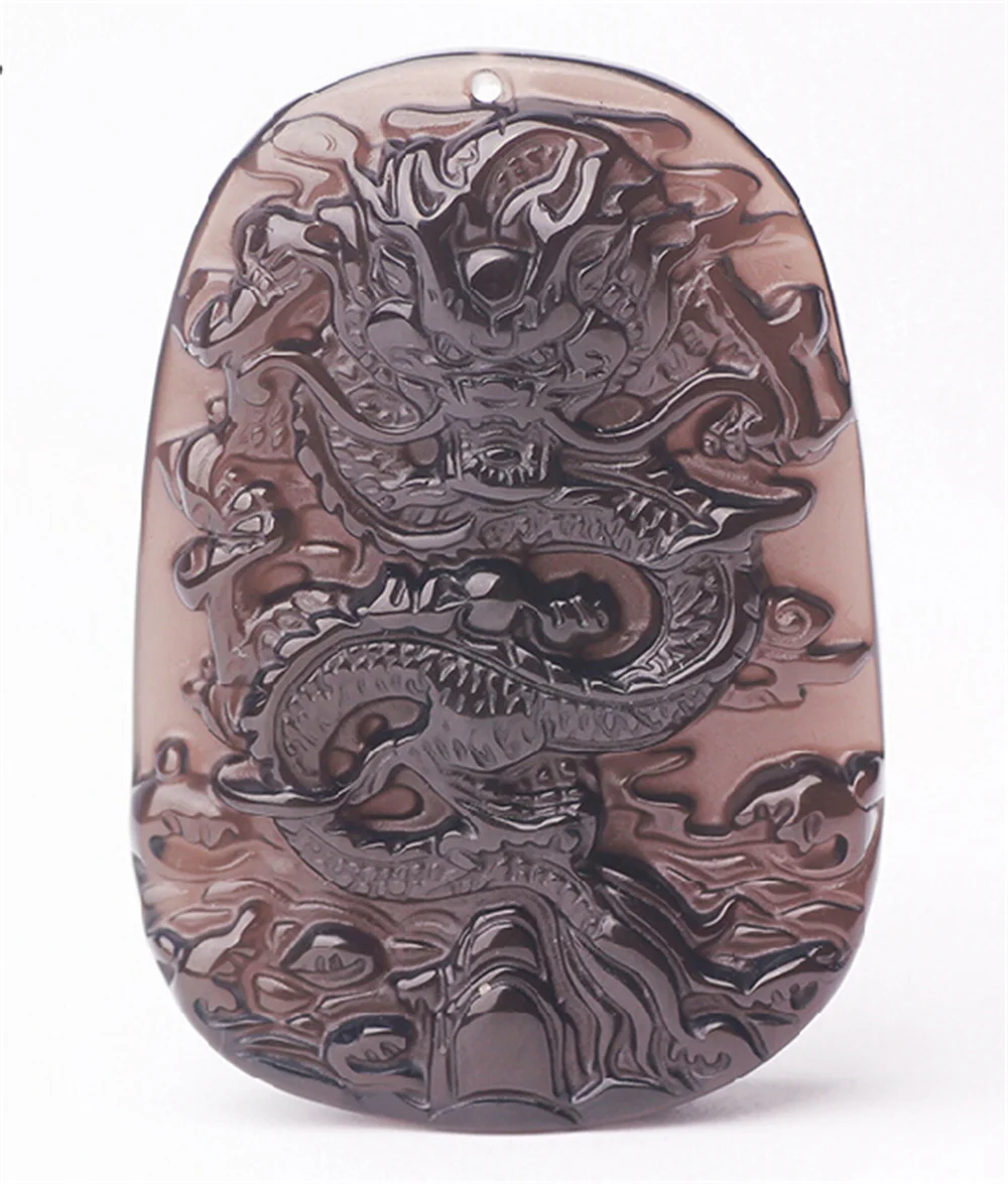 Chinese Handwork Natural Black Ice Obsidian Carved Dragon Lucky Pendant Trendy Amulet Necklace for Woman Man Charm Gift Jewelry