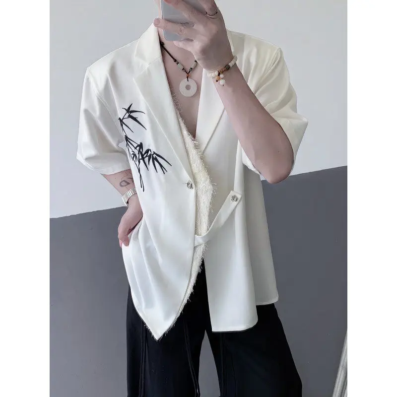 

New Chinese Deconstructed Embroidered Sequin Patchwork Bamboo Le ort Sve Men's irt High-End Sli Trendy Model Top