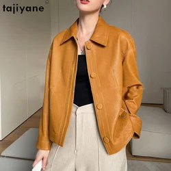 Tajeyane-Chaqueta de piel auténtica para mujer, abrigo corto ajustado con cuello vuelto, con cinturón encantador y elegante, ropa informal para jóvenes y oficina, 100%