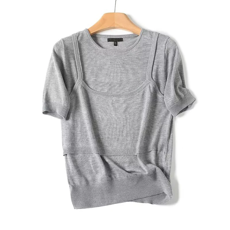 

Casual Fashion Short Sleeve Knitted T Shirt Women O Neck Gray Summer Tees Lady Tops