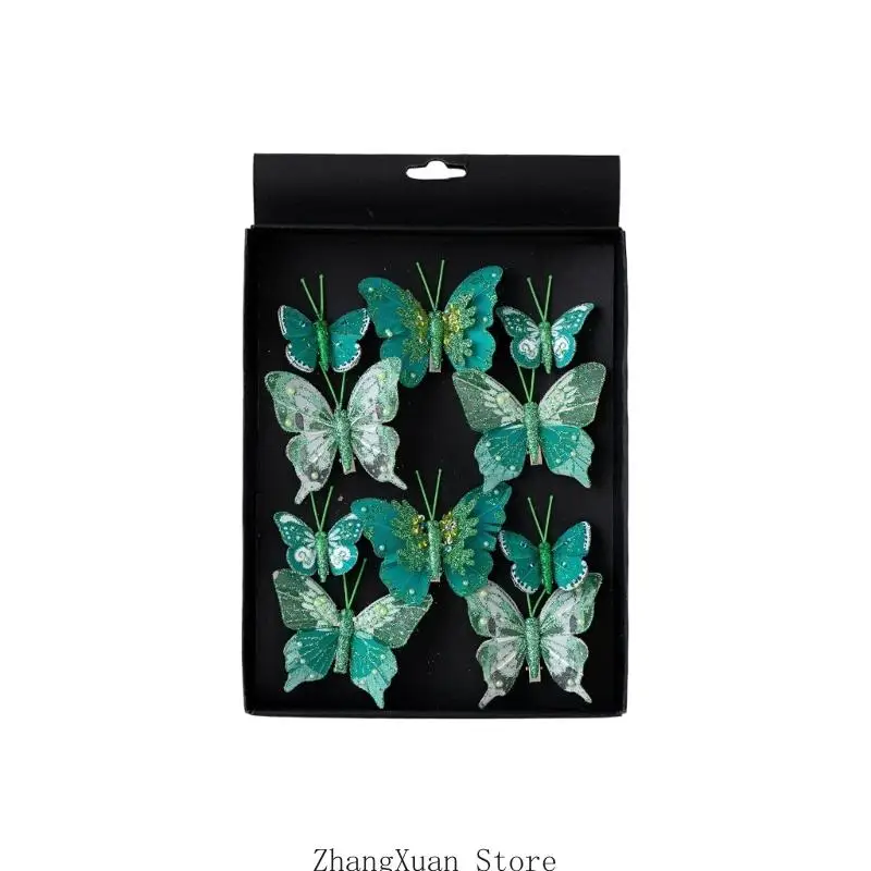 10-Piece Reflective Butterfly Hanging Set with Metal Clip and Double-Wing Detail for Christmas Tree and Festival Wreath Displays