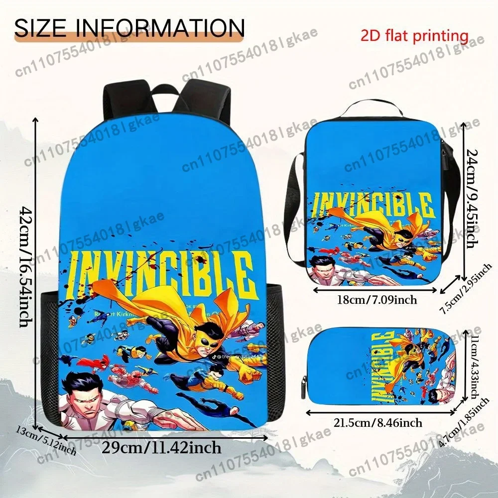 3pcs[2D Flat Printing] Invincible Theme Casual Student Backpack Set With Adjustable Shoulder Straps - Lightweight Zipper School