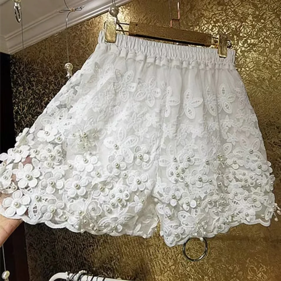 Pearls Beaded 3D Flowers Stitch Pantalones Cortos 2024 Summer Shorts Women\'s White Y2K Short Pants Elastic Waist Short Trousers