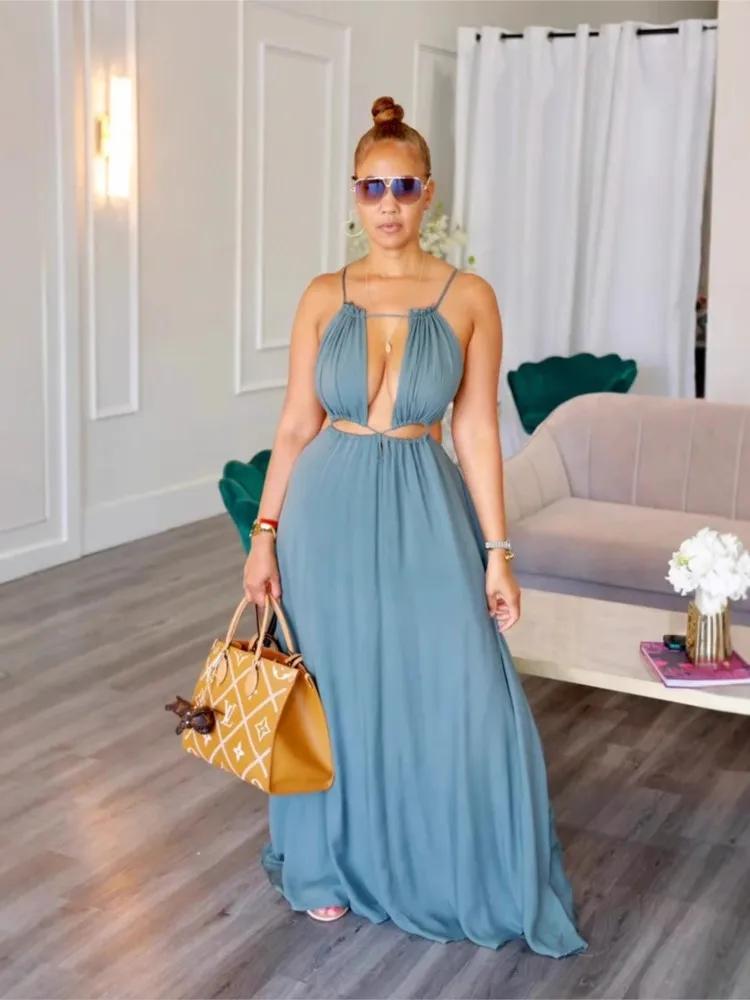 2025 femmes robe vacances d'Ă©tĂ© solide robes longues Sexy cordon Ă lacets sans manches robes Para Mujer Club tenues de fĂȘte