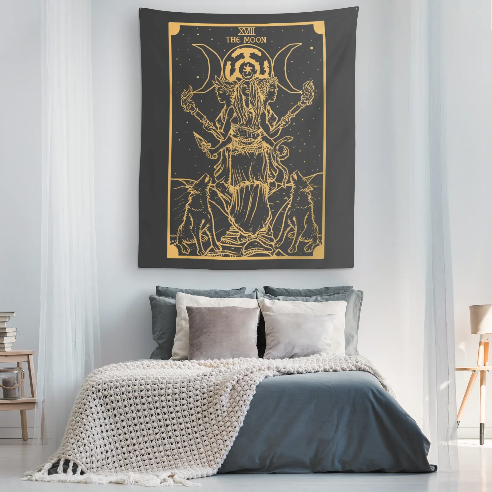 Gold Hecate Tarot Card Tapestry Hekate Triple Moon Goddess Wall Art