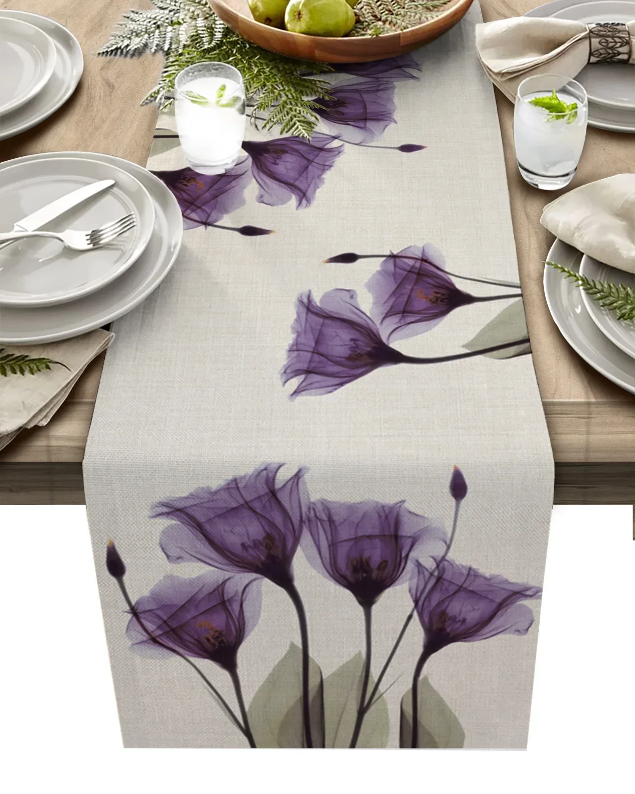 Spring Blue Tulip Flower Linen Table Runner Wedding Decoration Anti-stain   Dining  Holiday Party  Decor