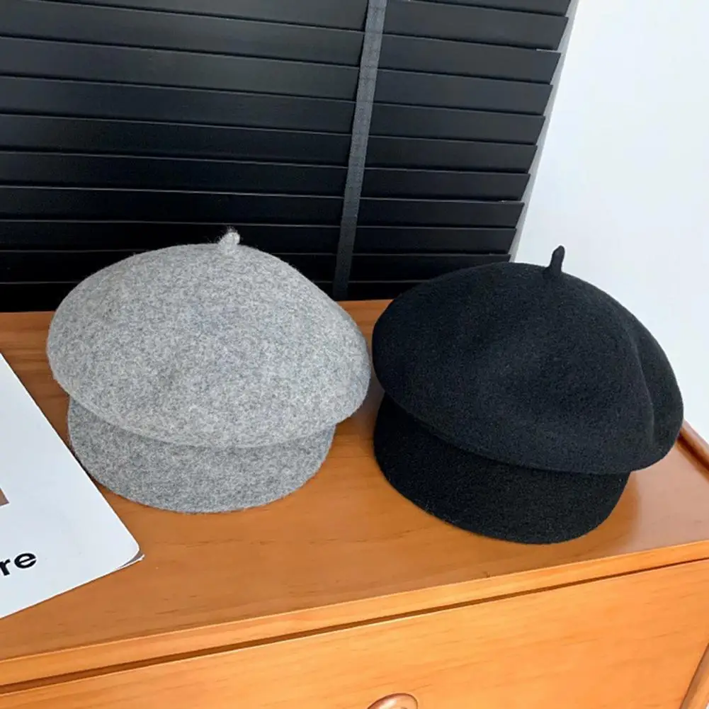 짧은 챙이 있는 여성용 베레모 모자 단색 돔 탑 페인터 모자 따뜻한 겨울 모자