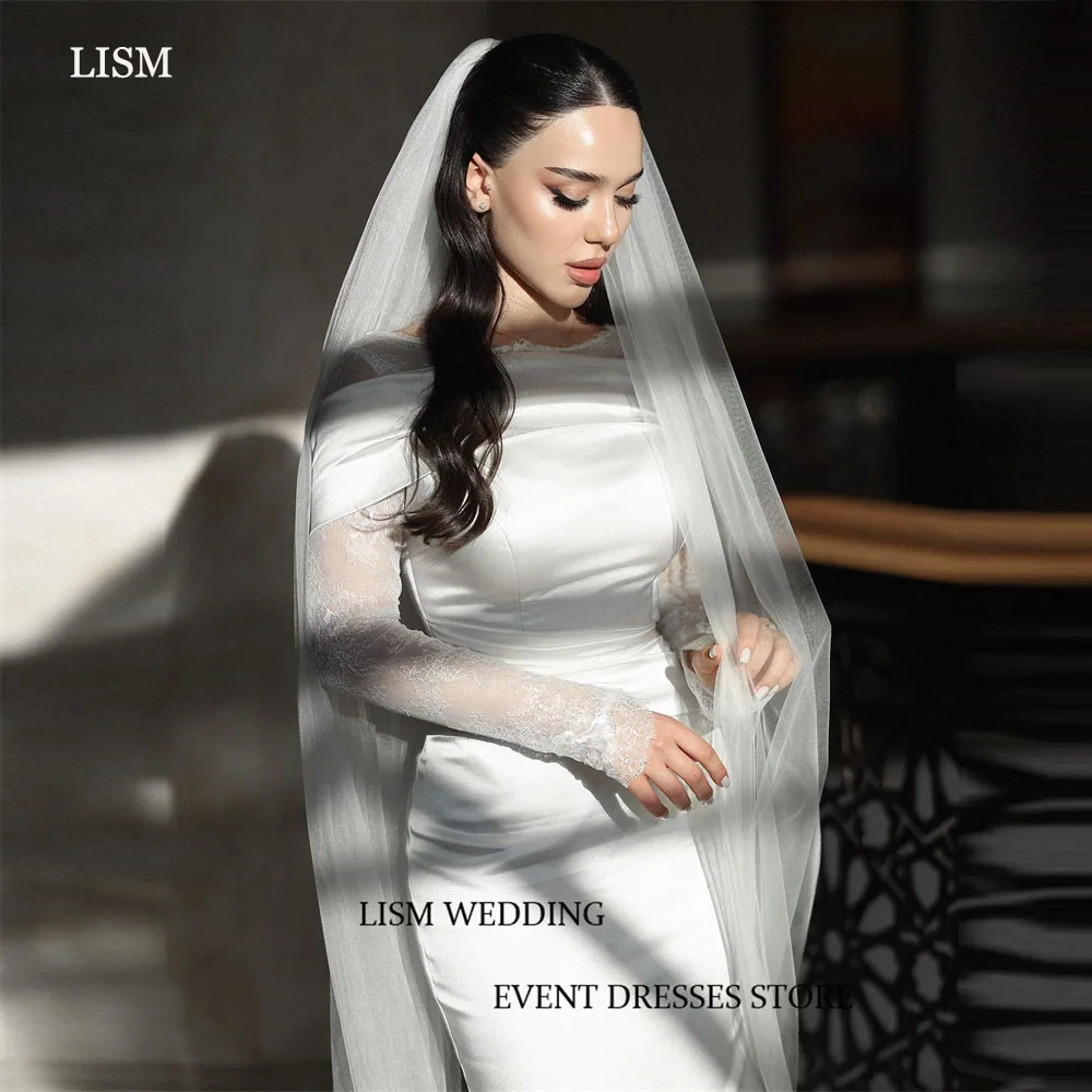 LISM Soft Satin Mermaid Wedding Dresses Lace Long Sleeves Scoop Neck Bridal Gowns Simple Sheath Robe de mariage With Veil