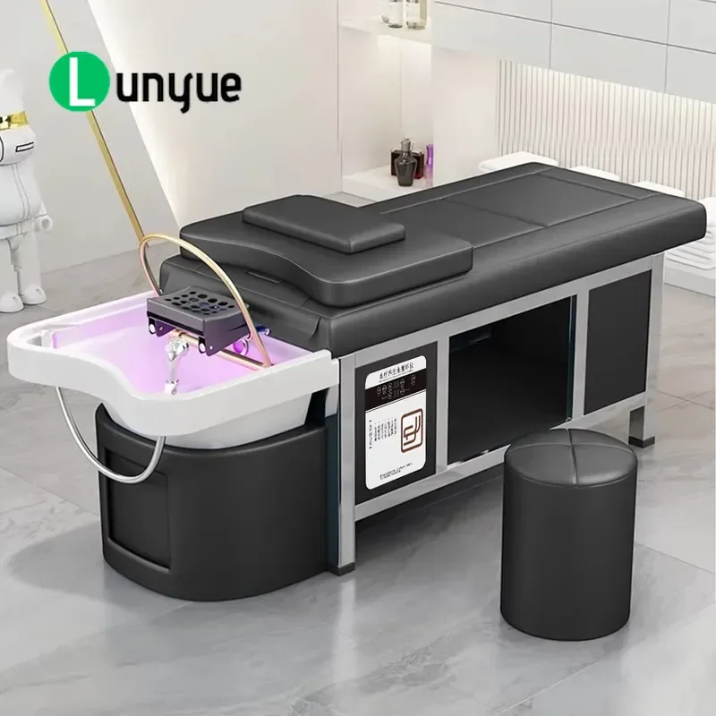 Smart Smokeless Stainless Steel Shampoo Chair with Ceramic Water Circulation Steam Modern Design High Density Sponge