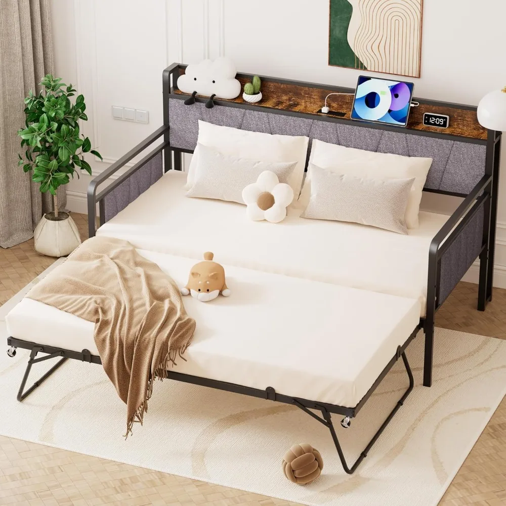 Tempat Tidur Twin dengan Tempat Tidur Tambahan, Sofa Tempat Tidur Twin Modern, Rangka Tempat Tidur Logam Kokoh dengan Sandaran Kepala Berlapis untuk Ruang Tamu, Tempat Tidur