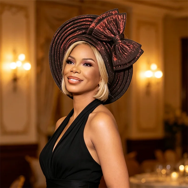 African Aso Oke Auto Gele Headtie Already Made Nigerian Turba Cap for Women Head Wrap Bonnet Wedding Party Headgear Bonnet Hijab