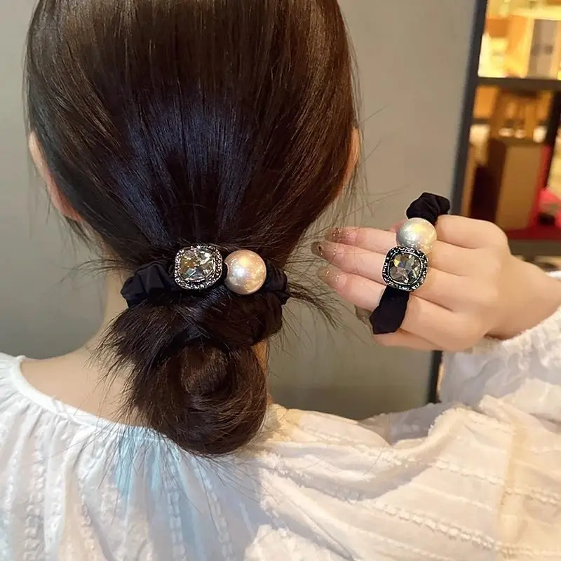 

Premium Scrunchie with Rhinestone Pearl Simple Elegant for Low Ponytail Elastic Durable Hair Tie Women Daily Black