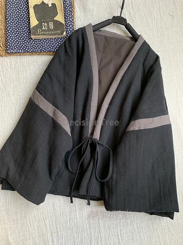 

2025 retro zen improved hanfu lacing coat chinese ancient style color block cardigan loose leisure versatile cotton linen coat