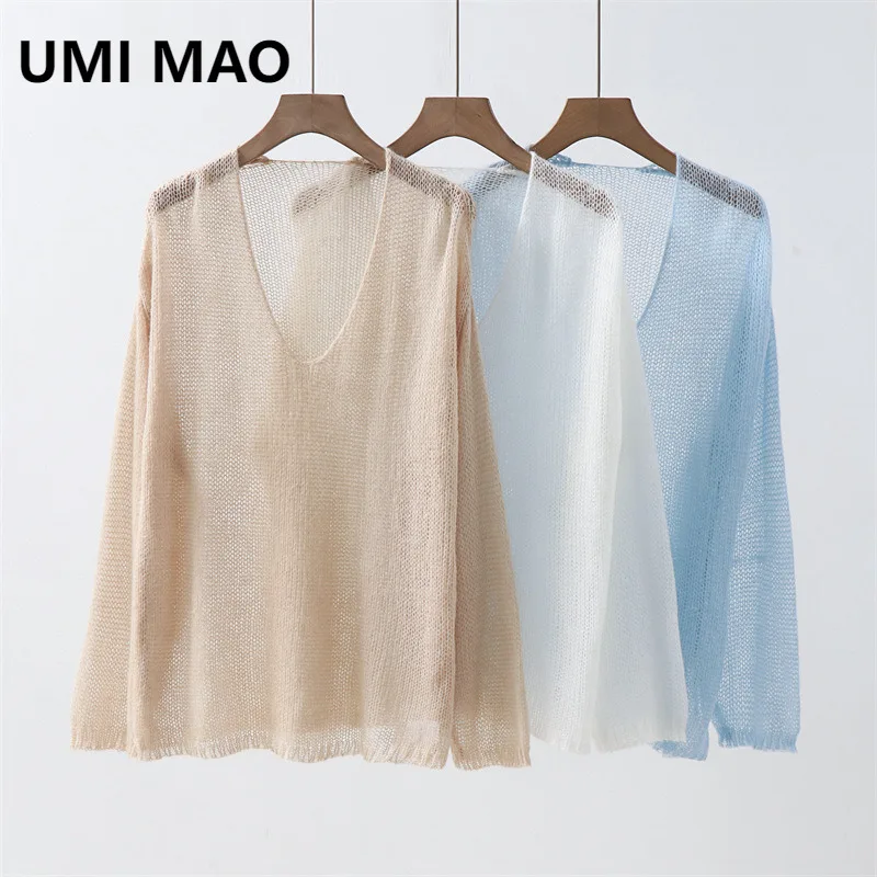 

UMI MAO кардиган из мохера, весенний полупрозрачный вязаный свитер, свободный полый тонкий v-образный вырез, простой шерстяной топ с длинными рукавами для женщин
