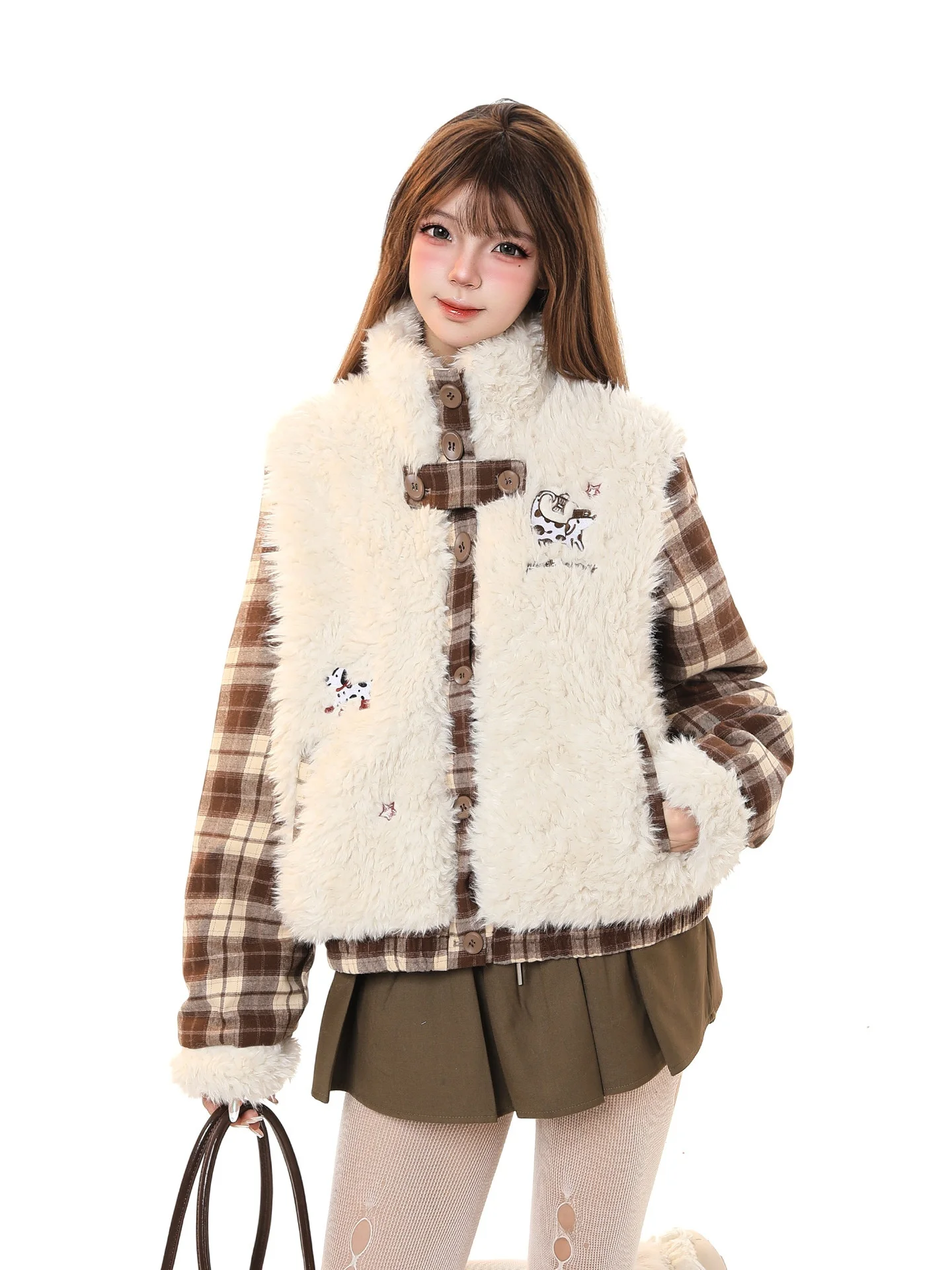 

Новая женская зимняя теплая свободная куртка из хлопка с воротником-стойкой, имитирующая двухслойность, с вставками из овечьей шерсти в американском стиле в клетку