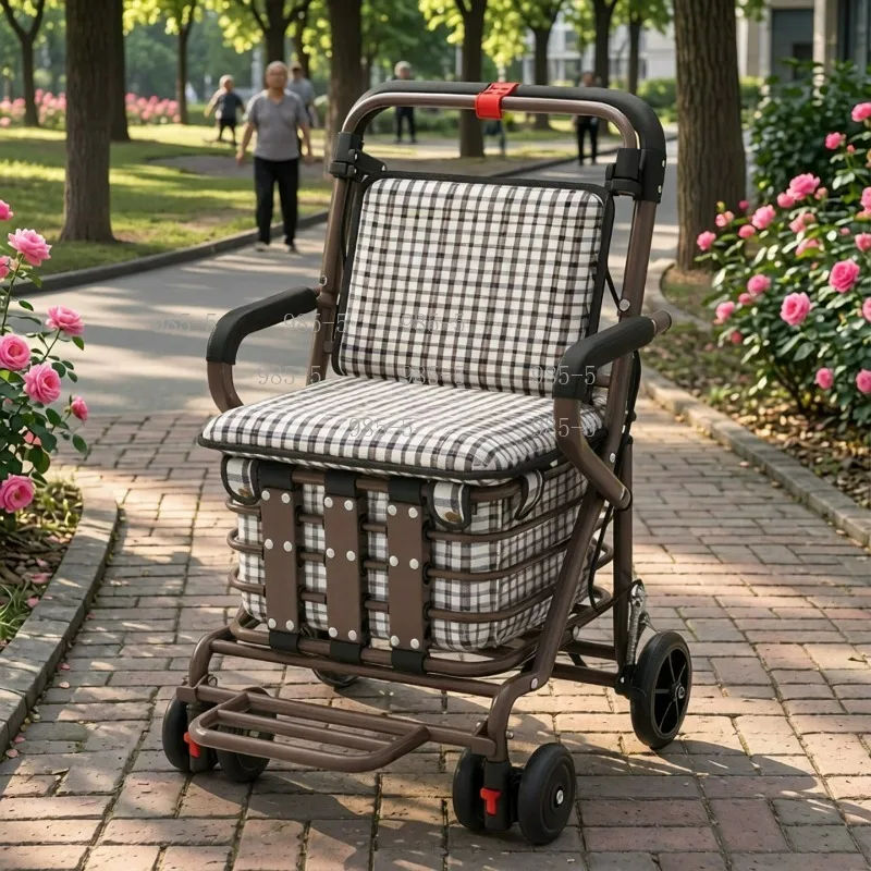 Folding Shopping Cart Elderly Walker Pushable Seated Auxiliary Trolley