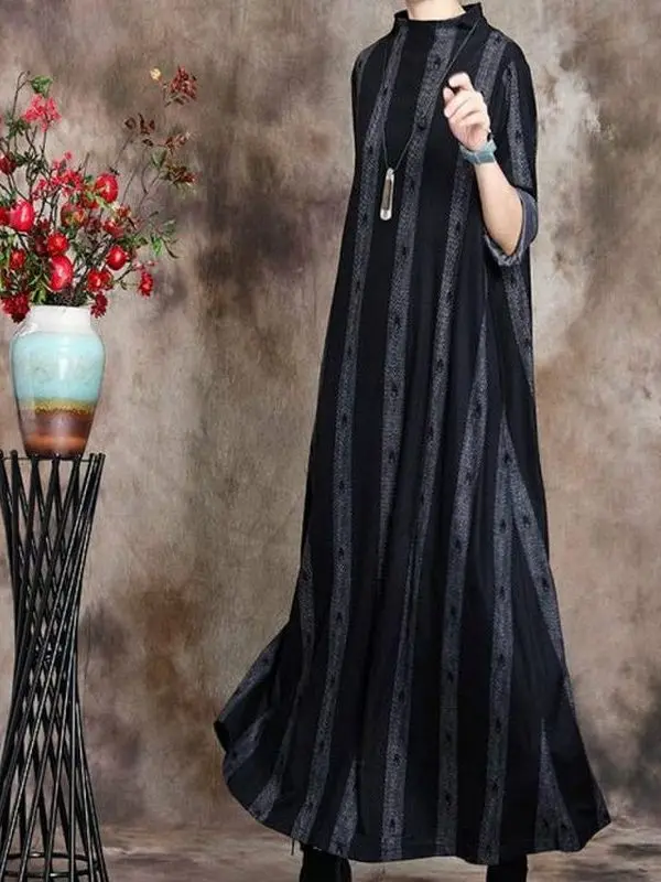 Retro impressão emagrecimento longo sve dr robe feminino outono nova chegada camada base vintage sle cintura solta saia linha a