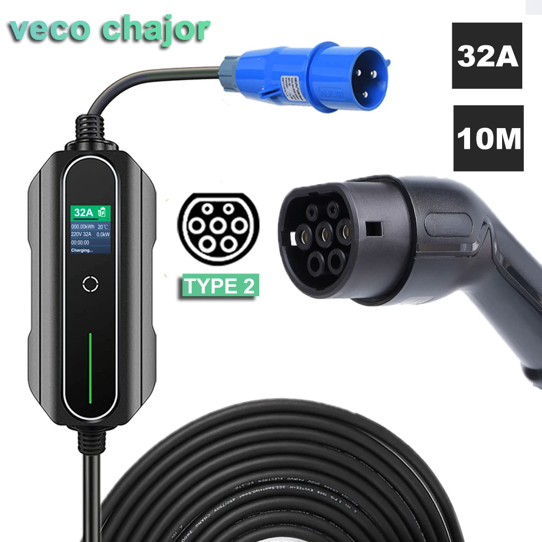 Chargeur portable EV Type 2 pour véhicules Mennekes, chargeur de voiture électrique domestique CEE, 10 mètres, 62196-2, 32A, 7,2 KW, niveau 2