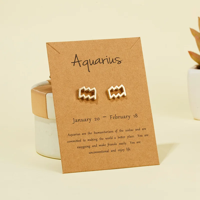Classic 12 Constellation Zodiac Sign Stud Earrings for Women Gold Color Piercing Jewelry Birthday Party Fashion Gifts Bijoux