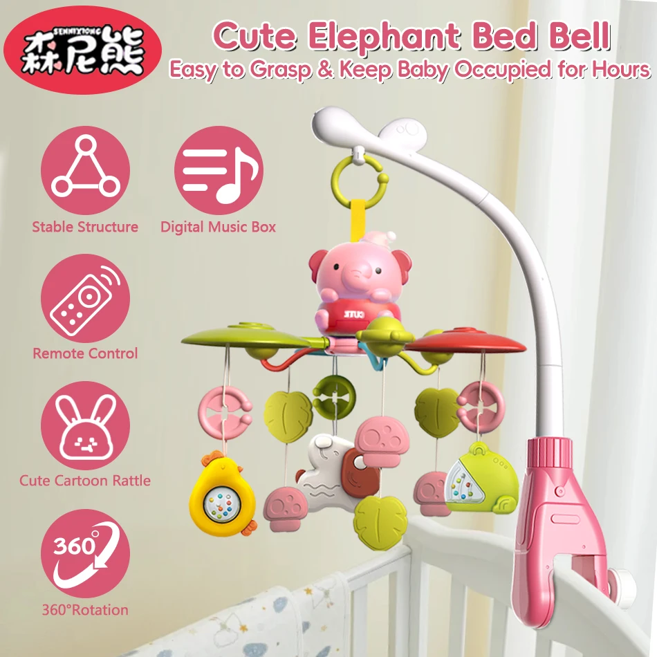 SENNIXIONG Electric Musical Rotation Elephant Soothing Bed Bell Mobile Night Light Infant Rattle Montessori Sensory Toddler Toy