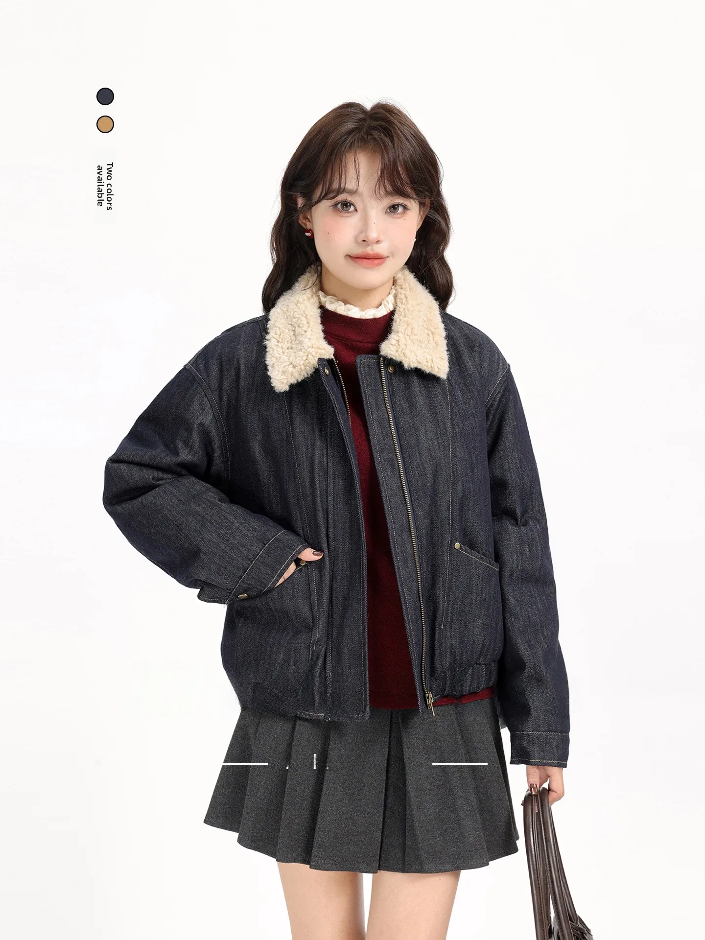 

Осень-зима 2029, джинсовая куртка с меховым воротником ягненка, утягивающая универсальная корейская женская верхняя одежда, пальто Faion