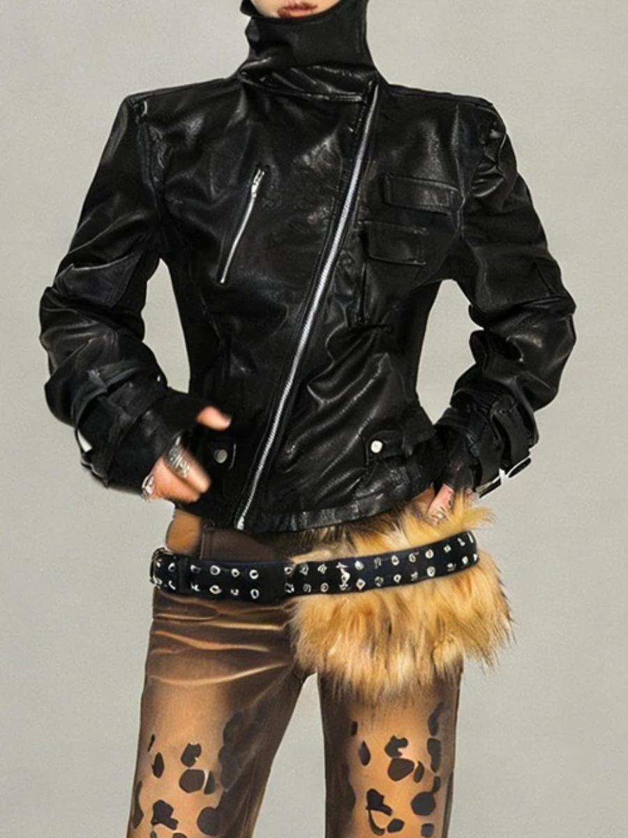 TWOTWINSTYLE الصلبة تقسم سستة موضة سترات جلدية للنساء عالية الرقبة طويلة الأكمام المرقعة جيب سترة الإناث جديد