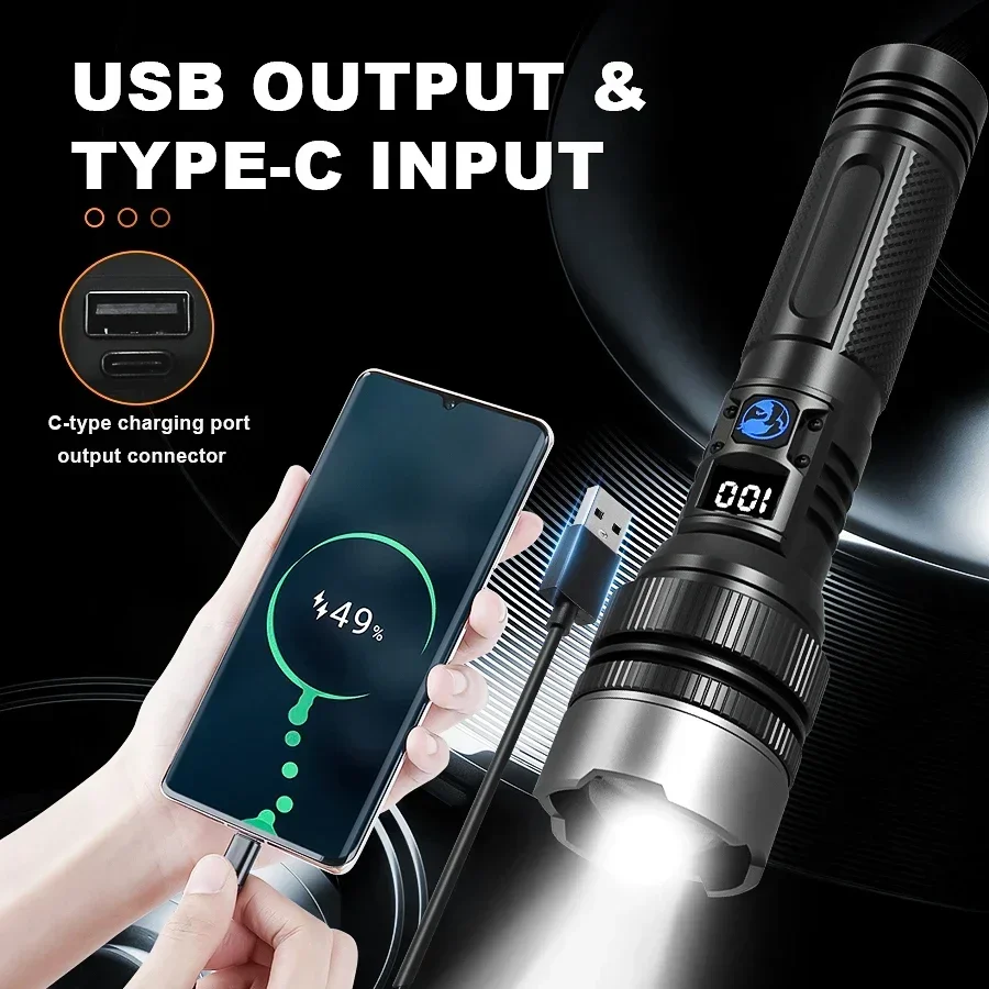 High Strong Power Led Flashlights 2000LM Tactical Torch with Display Light USB Charging Camping Fishing Emergency Zoom Lantern