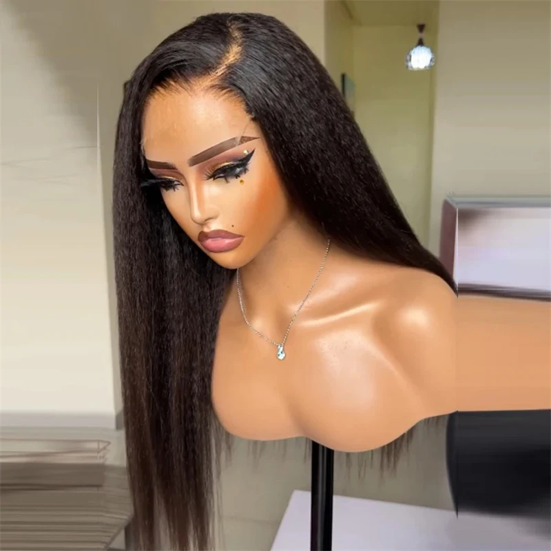 

Long Glueless Natural Black Soft 24Inch Kinky Straight Yaki Lace Front Wig For Women With Baby Hair Synthetic Preplucked Daily