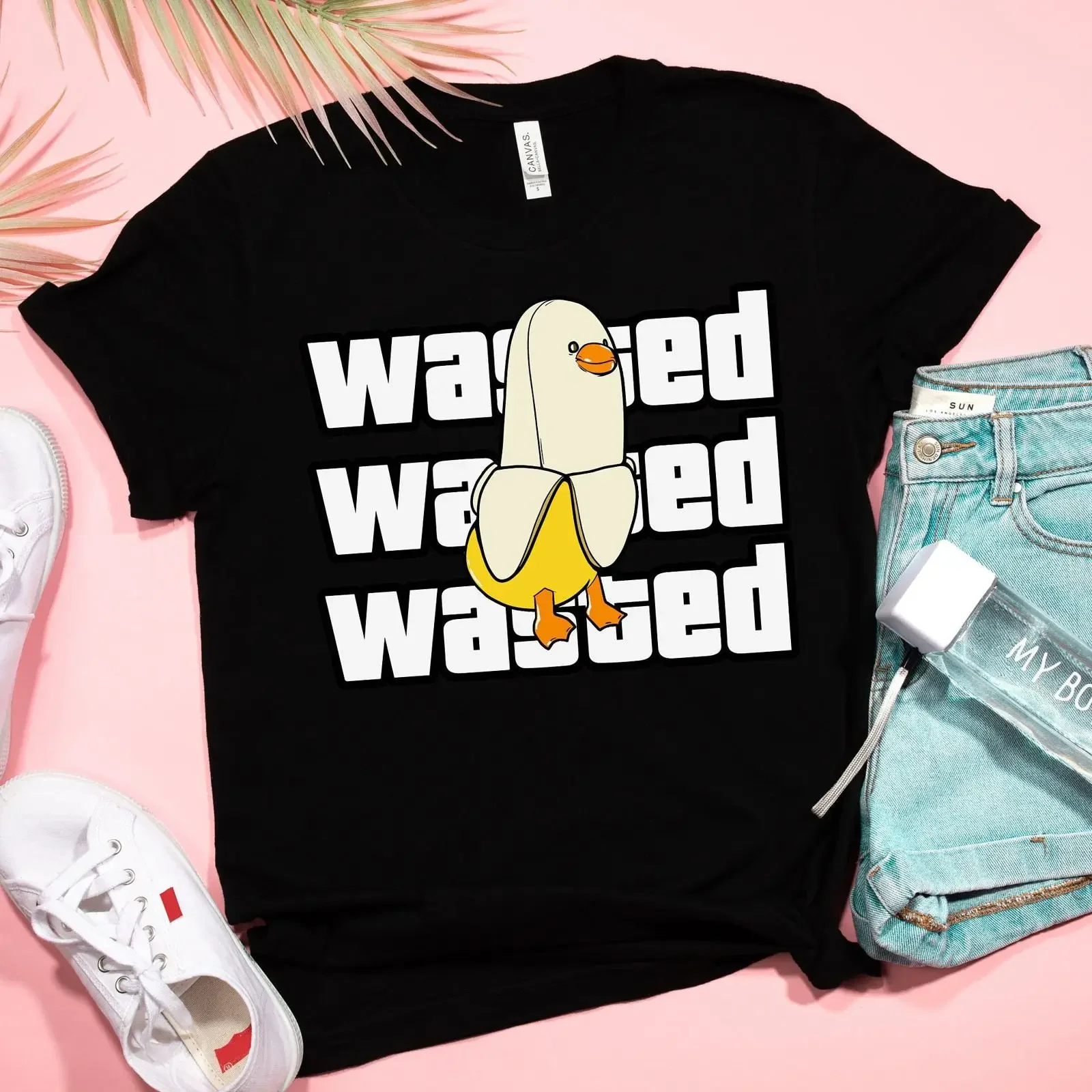 Funny Wasted Meme Banana Duck T Shirt Kawaii Y2K Aesthetic Top Trendy Casual Hangover for Him Bestie vintage Washed graphic